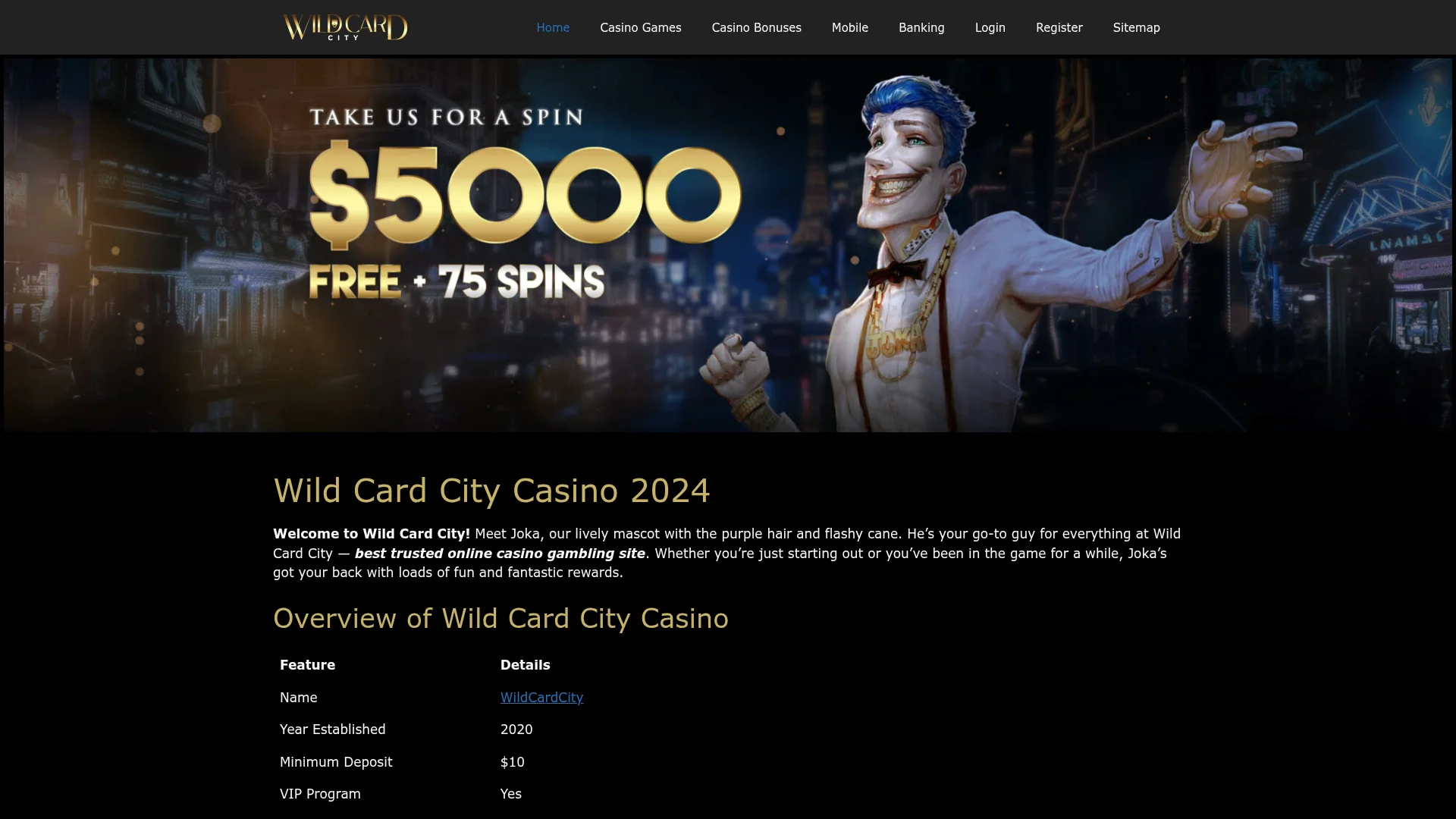 Wild Card City Casino desktop view